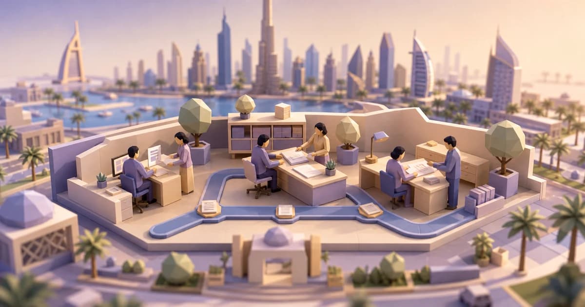 A miniature Dubai-inspired office district with people working across connected business stations