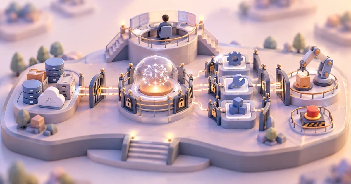 Pastel miniature control room connecting data, an AI core and tools through guarded gates