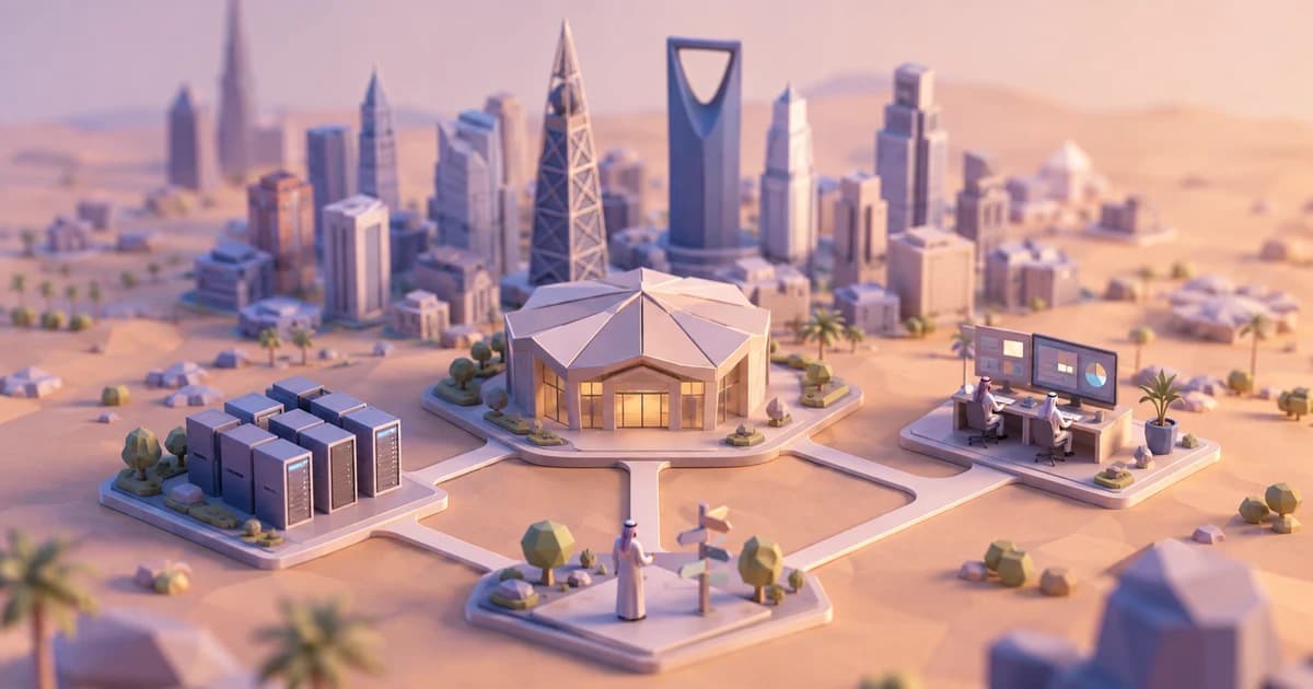 Conceptual miniature Riyadh skyline linking AI infrastructure, a conference pavilion and business decision-making