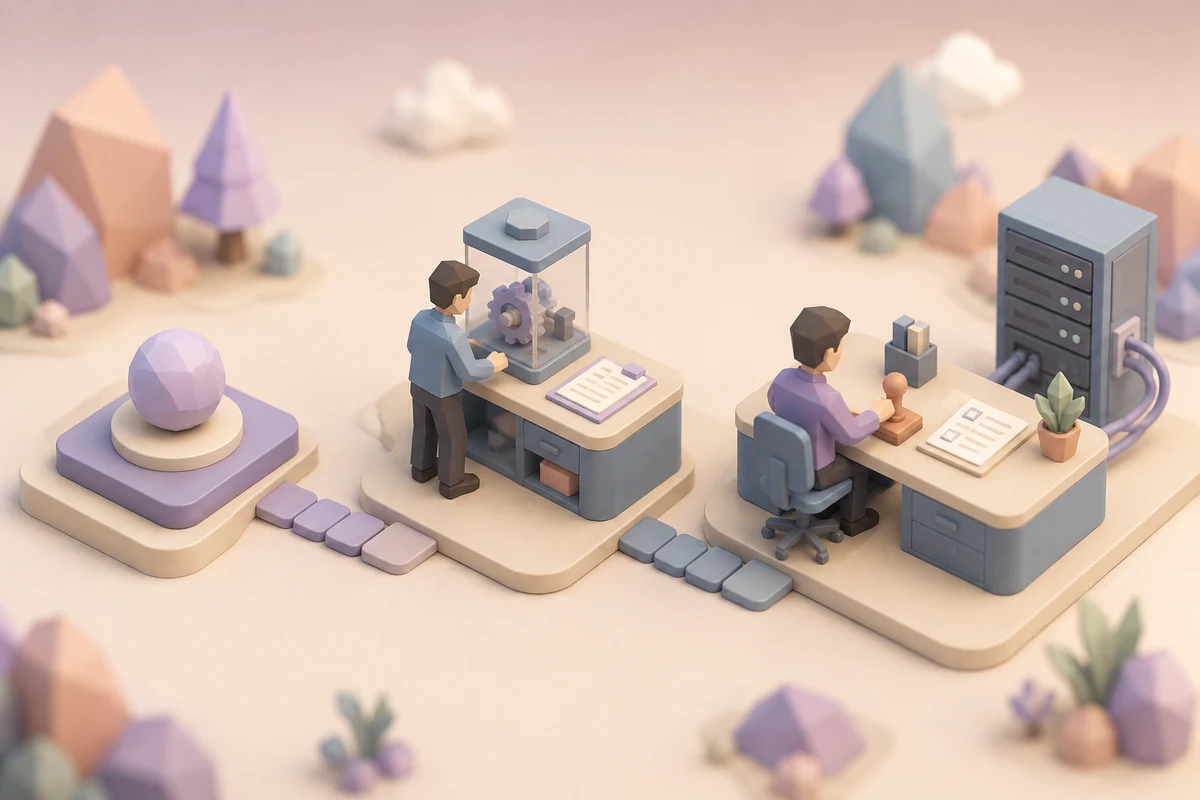 Three miniature stations showing an announcement, a supervised pilot and an operating workflow with human approval