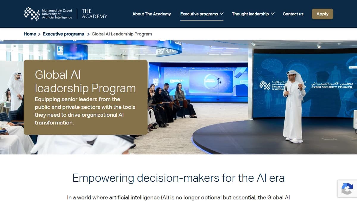 Screenshot of MBZUAI The Academy Global AI Leadership Program page showing the executive-program hero