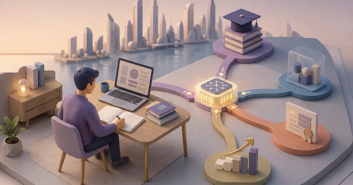Miniature learning scene with a professional comparing AI education paths that converge on a glowing AI chip, with a soft UAE-inspired skyline